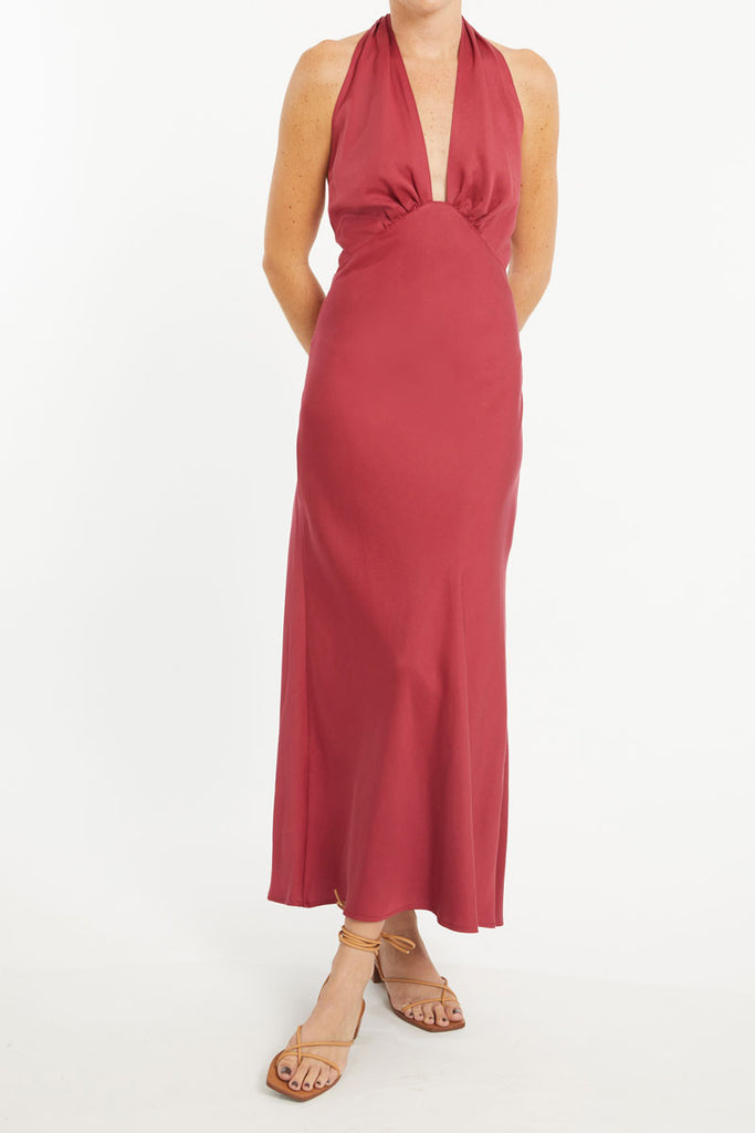 halter neck dress in burgundy Tencel